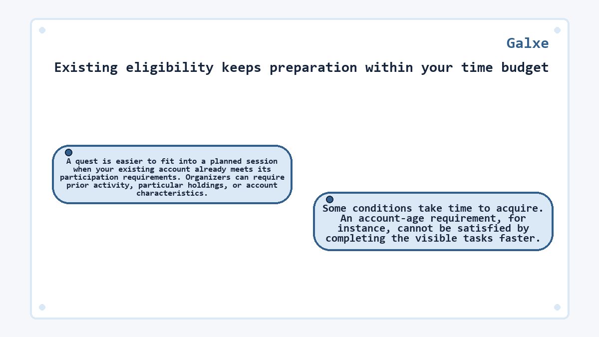Existing eligibility keeps preparation within your time budget: A quest is easier to fit into a planned session when your existing account already meets its participation requirements. Organizers can require prior activity, particular holdings, or account characteristics.; Some conditions take time to acquire. An account-age requirement, for instance, cannot be satisfied by completing the visible tasks faster.