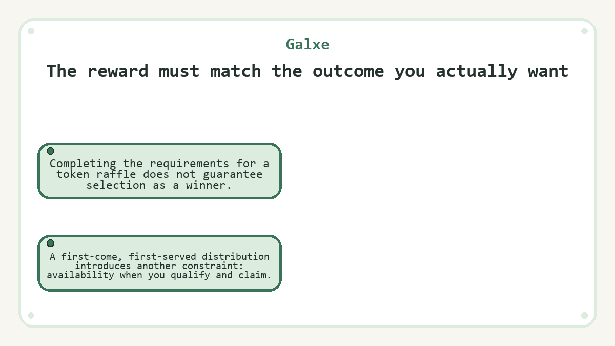 The reward must match the outcome you actually want: Completing the requirements for a token raffle does not guarantee selection as a winner.; A first-come, first-served distribution introduces another constraint: availability when you qualify and claim.